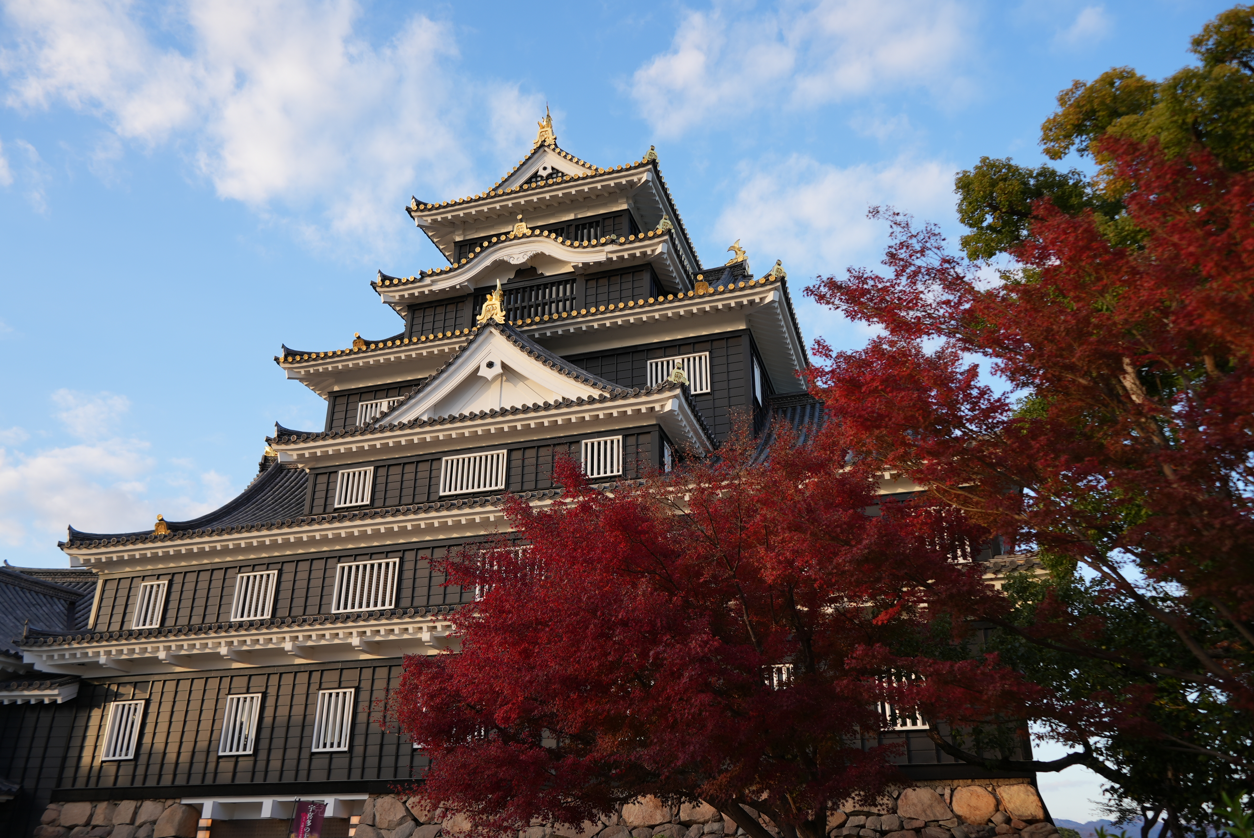 Okayama Castle framed by red autumn maples