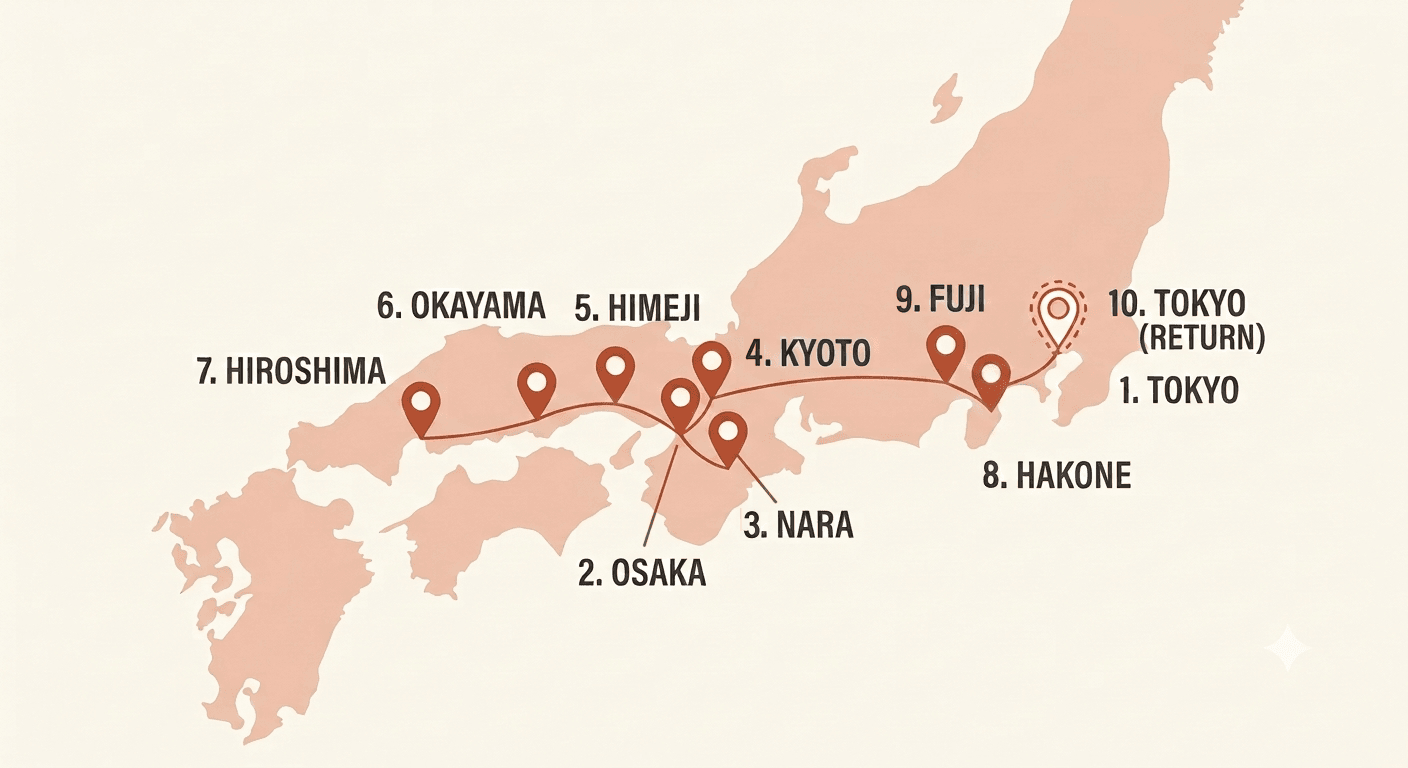 The route drawn on a map of Japan: Tokyo, Osaka, Nara, Kyoto, Himeji, Okayama, Hiroshima, Hakone, Fuji, and back to Tokyo