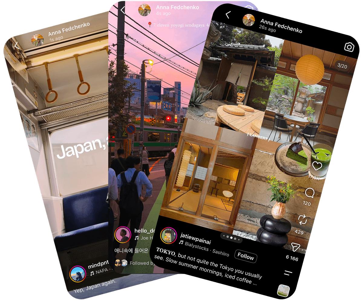 Three phone screens fanned out, showing stories and reels saved from Japan: a train carriage, a street at sunset, and a tea house courtyard